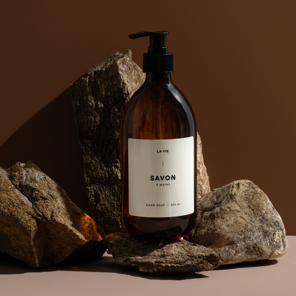 Chic and minimal amber glass hand soap bottle.
