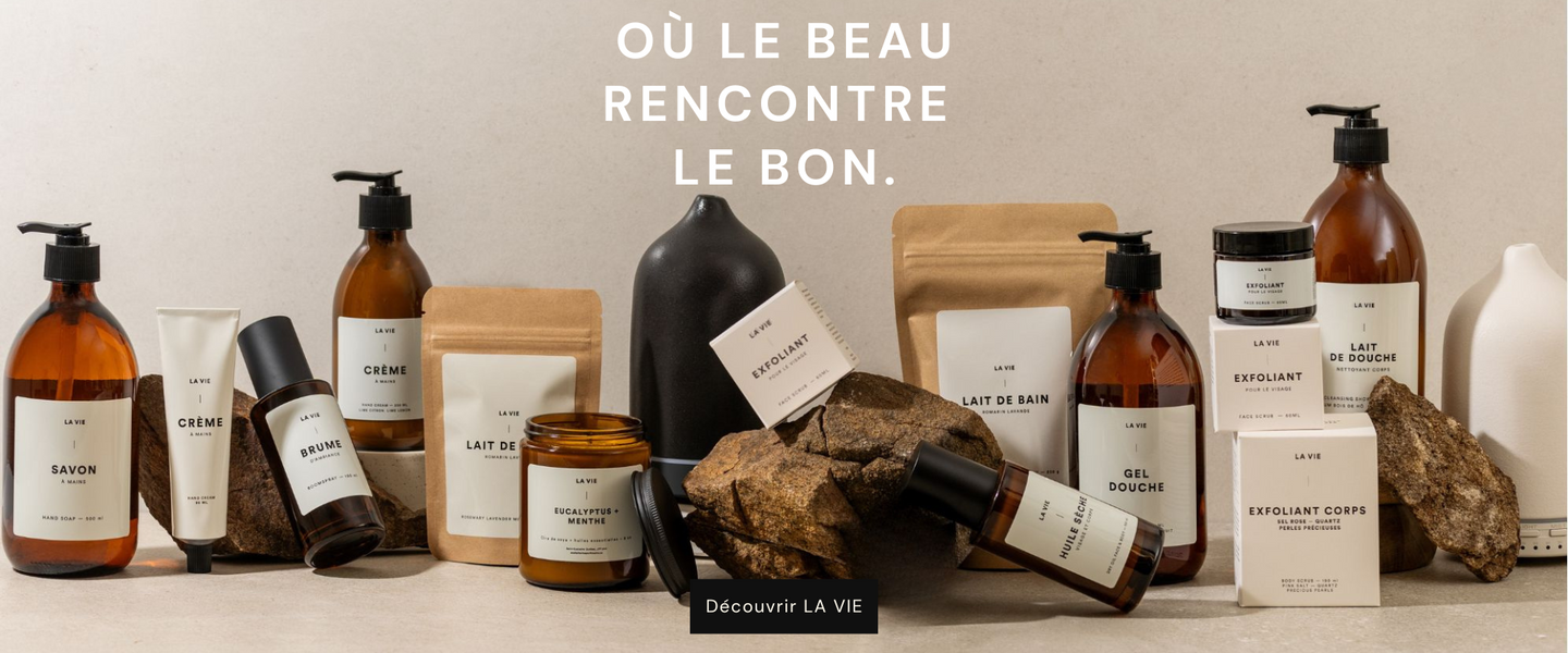 Produits corps, mains, visage, maison chics et sains.